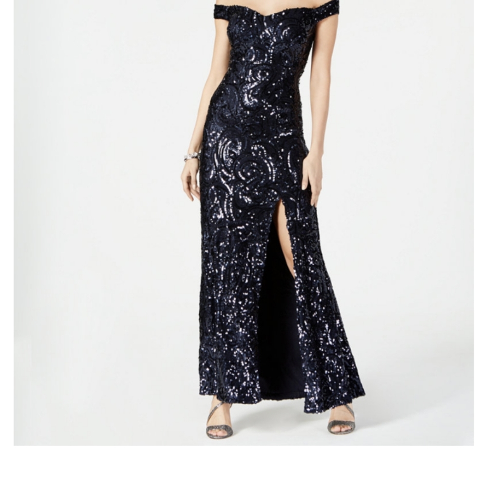 Navy Sequined Off-Shoulder Gown